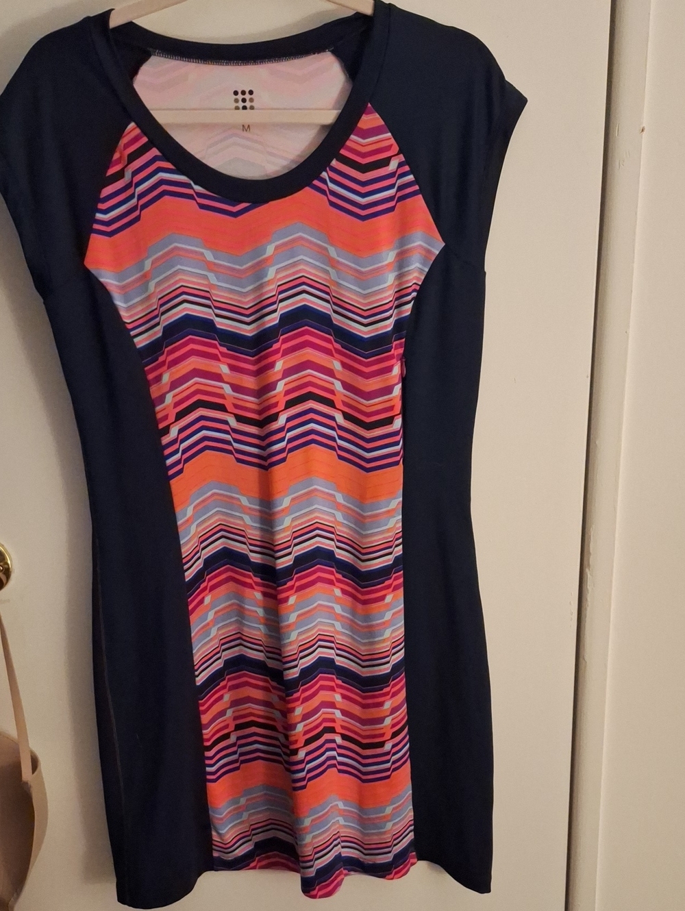 Title Nine Navy Dress with Orange, Pink & Blue Zigzag Front